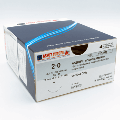 Assut Europe ASSUFIL MONOFILAMENT Absorbable Surgical Suture USP Size 2-0, (DS-24) 24 mm 3/8 C. CUTTING EDGE, 28 Inches (70 cm), 12 Count, Veterinary Use Only