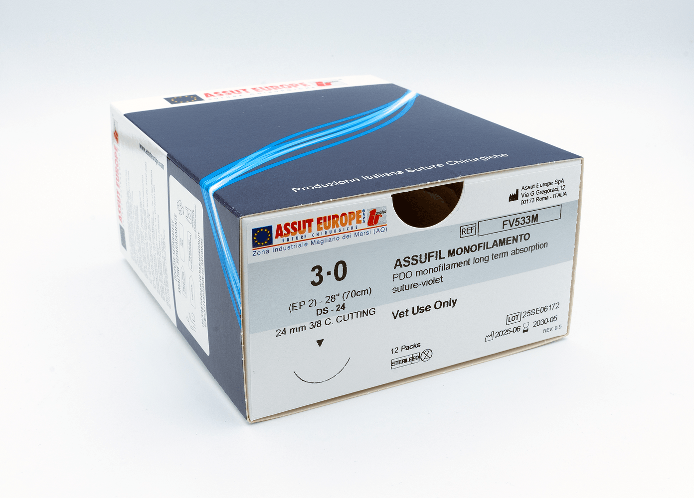 Assut Europe ASSUFIL MONOFILAMENT Absorbable Surgical Suture USP Size 3-0, (DS-24) 24 mm 3/8 C. CUTTING EDGE, 28 Inches (70 cm), 12 Count, Veterinary Use Only