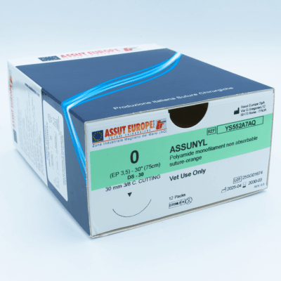 Assut Europe ASSUNYL Non-Absorbable Surgical Suture USP Size 0, (DS-30) 30 mm 3/8 C. Cutting Edge, 30 Inches (75 cm), 12 Count, Veterinary Use Only