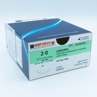 Assut Europe ASSUNYL Non-Absorbable Surgical Suture USP Size 2-0, (DS-30) 30 mm 3/8 C. Cutting Edge, 30 Inches (75 cm), 12 Count, Veterinary Use Only