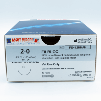 Assut Europe FILBLOC Absorbable Surgical Suture USP Size 2-0, (HR-26) 26 mm 1/2 C. TAPER, 18 Inches (45 cm), 12 Count, Veterinary Use Only