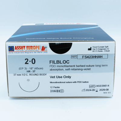 Assut Europe FILBLOC Absorbable Surgical Suture USP Size 2-0, (HR-37) 1/2 37 mm C. Round Body Needle, 18 Inches (45 cm), 12 Count, Veterinary Use Only