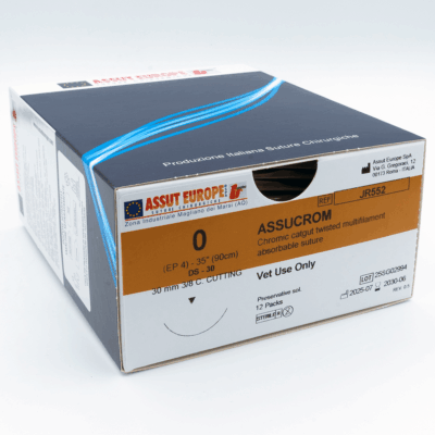 Assut Europe ASSUCROM Absorbable Surgical Suture USP Size 0, (DS-30) 30mm 3/8 C. Cutting Edge, 35 Inches (90 cm), 12 Count, Veterinary Use Only