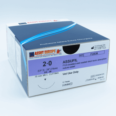 Assut Europe ASSUFIL Absorbable Surgical Suture USP Size 2-0, (DS-30) 30mm 3/8 C. Cutting Edge, 28 Inches (70 cm), 12 Count, Veterinary Use Only