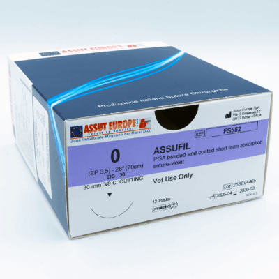 Assut Europe ASSUFIL Absorbable Surgical Suture USP Size 0, (DS-30) 30mm 3/8 C. Cutting Edge, 28 Inches (70 cm), 12 Count, Veterinary Use Only