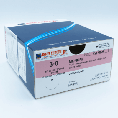 Assut Europe MONOFIL Absorbable Surgical Suture USP Size 3-0, (DS-24) 24mm 3/8 C. Cutting Edge, 28 Inches (70 cm), 12 Count, Veterinary Use Only