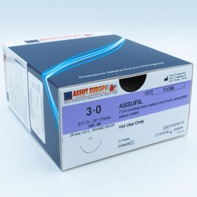 Assut Europe ASSUFIL Absorbable Surgical Suture USP Size 3-0, (HR-26) 26mm 1/2 C. TAPER, 28 Inches (70 cm), 12 Count, Veterinary Use Only